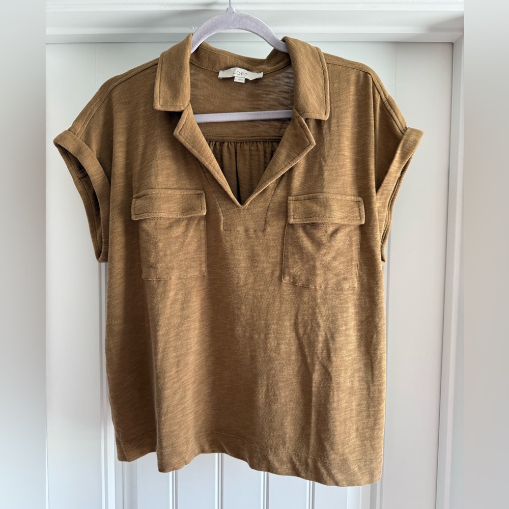 LOFT tan henley utility top, size L - Picture 2 of 4